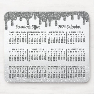 2024 Jaar Kalender Faux Zilver Glitter Drips Naam Muismat