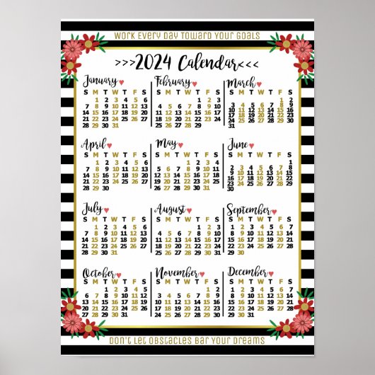 2024 Jaar Kalender Floral Stripes | Aangepaste tek Poster (Voorkant)