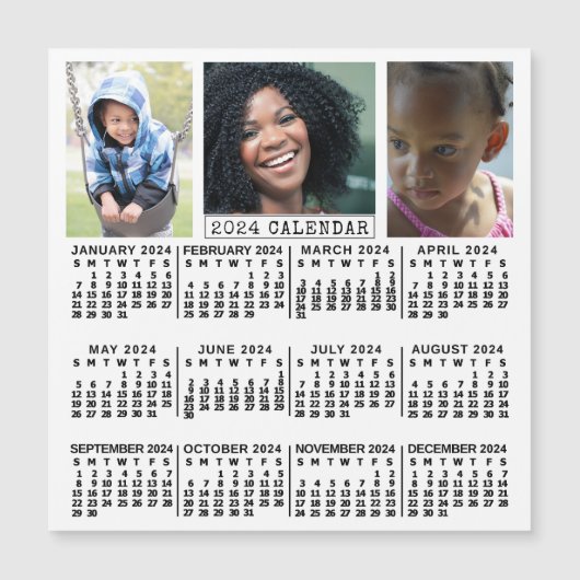 2024 Jaar Kalender Wit | 3 foto collage magneet (Voorkant)