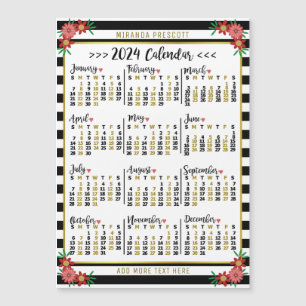 2024 Jaar Kalender Zwart Streep Bloemen Naam Magne