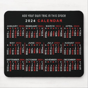 2024 Jaar Maandelijkse Kalender Custom Zwart Rood  Muismat