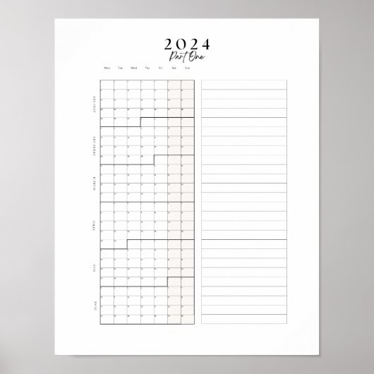 2024 Janvier - Juin Bloc Calendrier Poster murale (Devant)