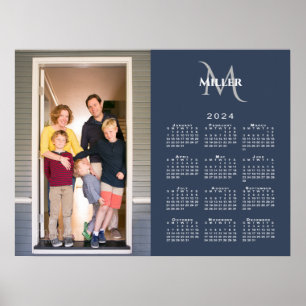 2024 Kalender Aangepaste Foto Monogram Naam Navy B Poster