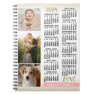 2024 Kalender Blush Roze Goud Familie Fotocollage Notitieboek
