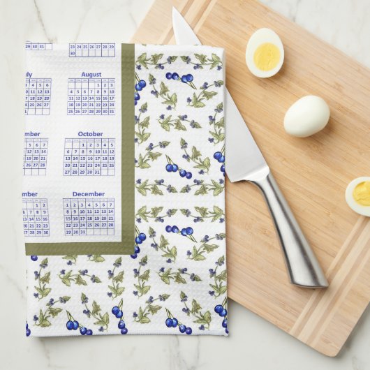 2024 Kalender Bosbessen Gestempelde Bladeren, wit Theedoek (Quarter Fold)