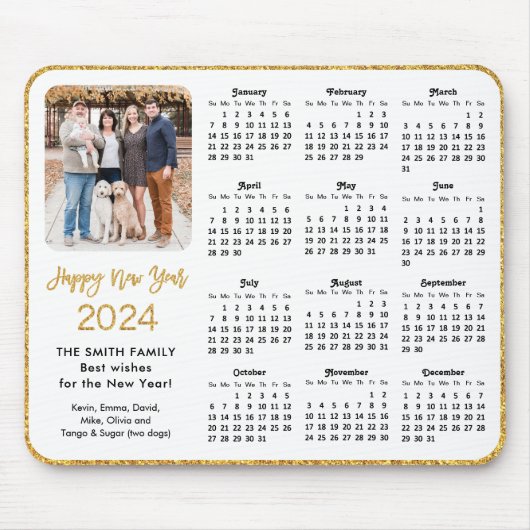 2024 Kalender Gold Glitter Script Family Foto Muismat (Voorkant)