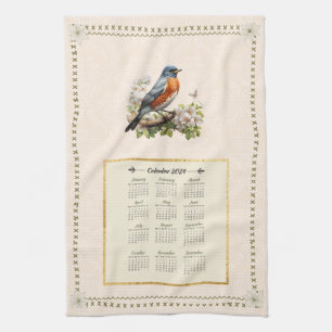 2024 Kalender Handdoek Robin Bird Peach Damask