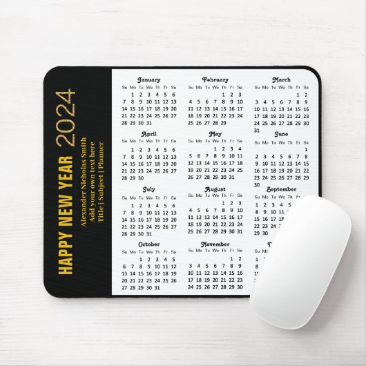 2024 Kalender Modern Goud Script Zwart Minimalist Muismat (Met muis)