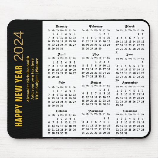 2024 Kalender Modern Goud Script Zwart Minimalist Muismat (Voorkant)