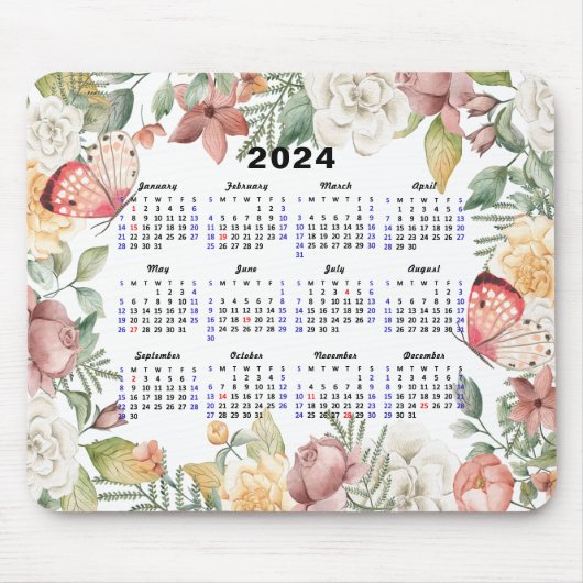 2024 Kalender Roos Bloemen Groen Roze Vlinder Muismat (Voorkant)