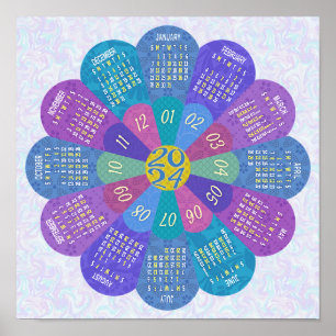 2024 Kalender Unieke Ronde Boho Paarse Bloem Poster