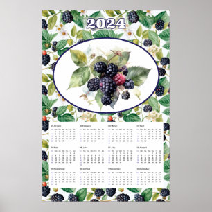 2024 Kalender Vintage Zwarte Bramen Waterverf  Poster