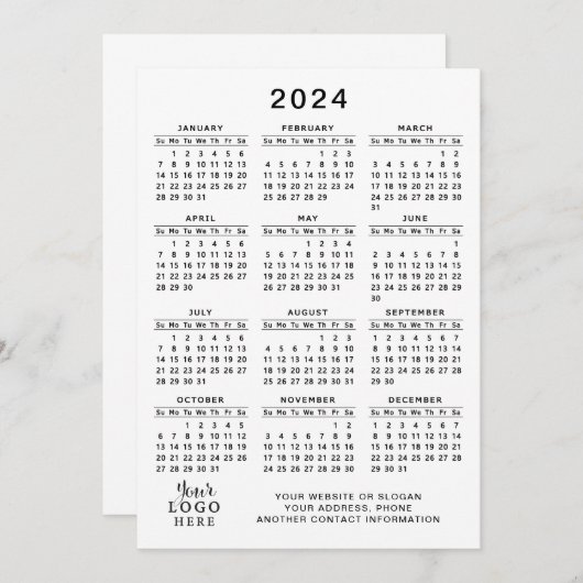 2024 Kalender Volledig Jaar Wit Zwart Minimaal Programma (Voorkant / Achterkant)