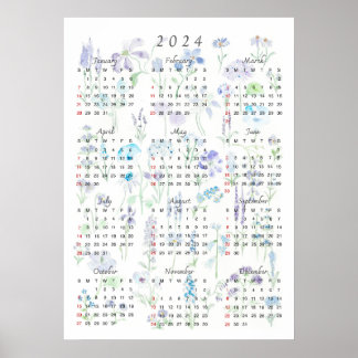 2024 Kalender waterverf paarse en blauwe foraal Poster