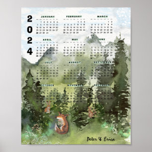 2024 Maandelijkse kalender Waterverf Bos Poster