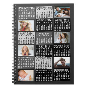 2024 Maandelijkse kalender Zwart Mod 6 Fotocollage Notitieboek