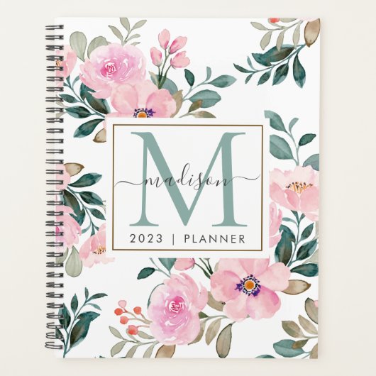2024 Monogram Waterverf Bloemenweekblad Maandelijk Planner (Voorkant)