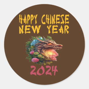 2024 Nieuw Chinees Jaar van de Draak 2024 Bruin. Ronde Sticker