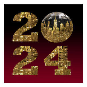 2024 Nieuwjaar-Ball-NYC Gold & Red- Perfect Poster