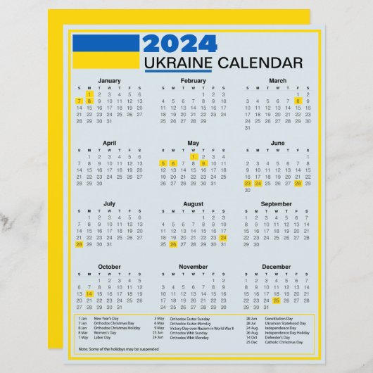 2024 Oekraïense kalender met Oekraïense Feestdagen (Voorkant / Achterkant)