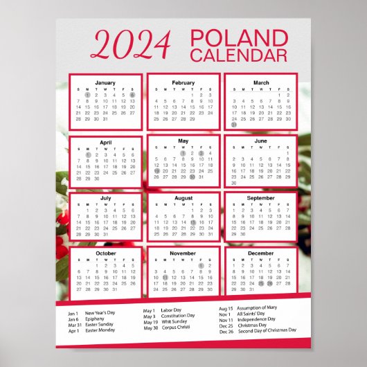 2024 Polen Kalender met Pools Feestdagen Download Poster (Voorkant)