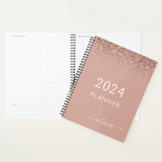 2024 Rose Gold Blush Rose Pailleté Monogramme (Devant avec enveloppe)