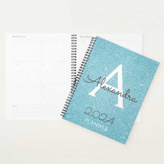 2024 Teal Aqua Blauwe Glitter Glans Monogram Planner (Display)