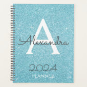 2024 Teal Aqua Blauwe Glitter Glans Monogram Planner (Voorkant)