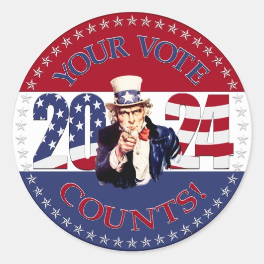 2024 Uw stem telt Uncle Sam USA vlag Ronde Sticker (Voorkant)