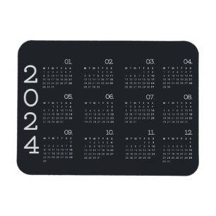 2024 volledige jaarkalender zwart en wit elegant magneet