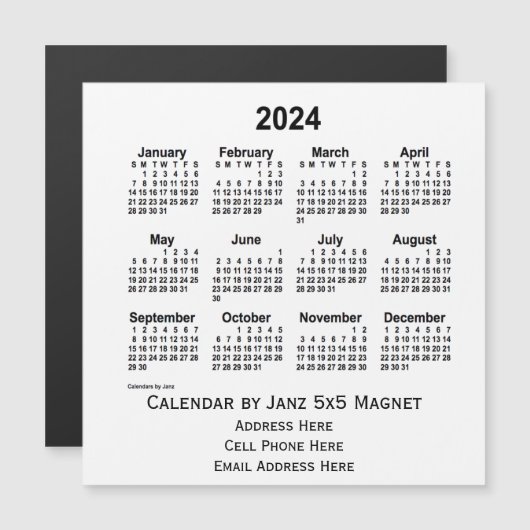 2024 White Business Calendar par Janz 5x5 Magnet (Devant / Derrière)