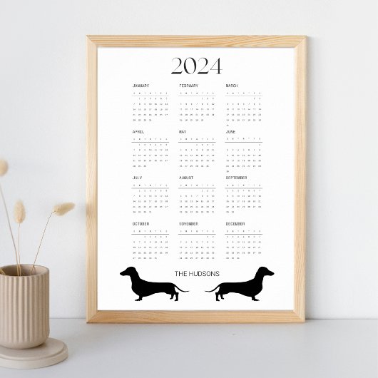 2024 Zwart-wit Dachshund Kalender Poster