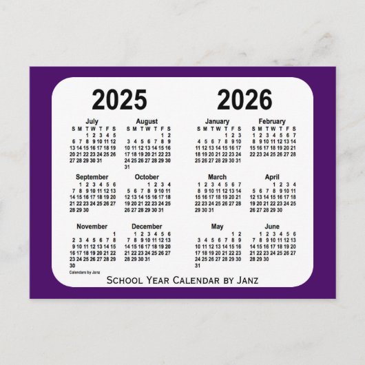 2025-2026 Paarse schoolagenda van Janz Briefkaart (Voorkant)