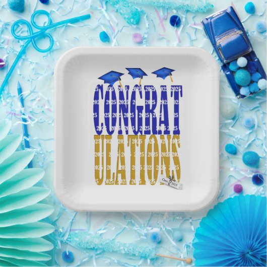 2025 Afstuderen in blauw en gouden schoolkleuren Papieren Bordje (Feest)
