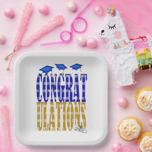 2025 Afstuderen in blauw en gouden schoolkleuren Papieren Bordje (Feest)