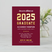 2025 Afstuderen Modern Red Gold Graduation Party Folie Uitnodiging (Staand Voorkant)