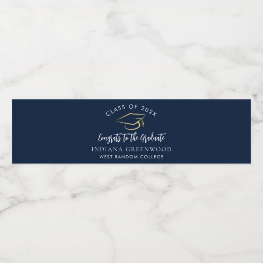 2025 Afstuderen Script Navy Blue Custom Waterfles Etiket (Enkel label)