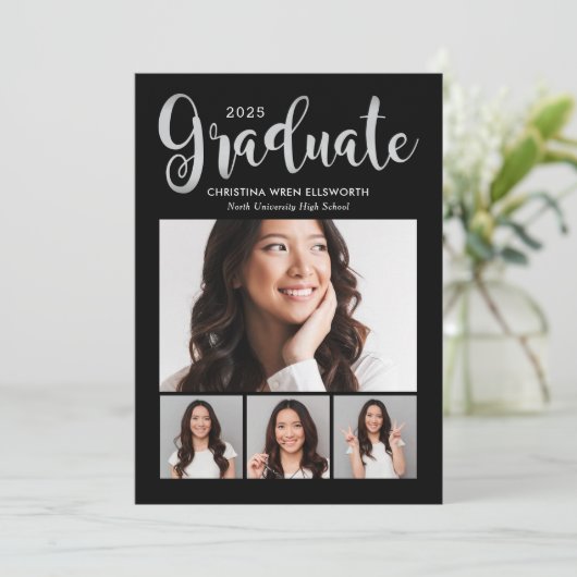 2025 Afstuderen Silver Script Photo Collage Party Kaart (Staand voorkant)