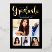 2025 Afstuderen Zwart Goud Script Fotocollage Folie Uitnodiging (Voorkant)