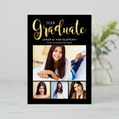 2025 Afstuderen Zwart Goud Script Fotocollage Folie Uitnodiging (Staand Voorkant)