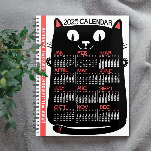 2025 Année Calendrier mensuel Chat noir du milieu
