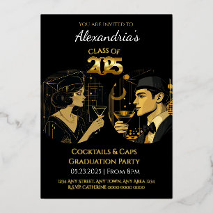2025 Black Gold Cocktail & Caps Afstudeerfeest Folie Uitnodiging