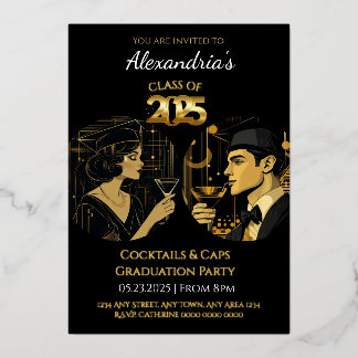 2025 Black Gold Cocktail & Petten Afstudeerfeest Folie Uitnodiging