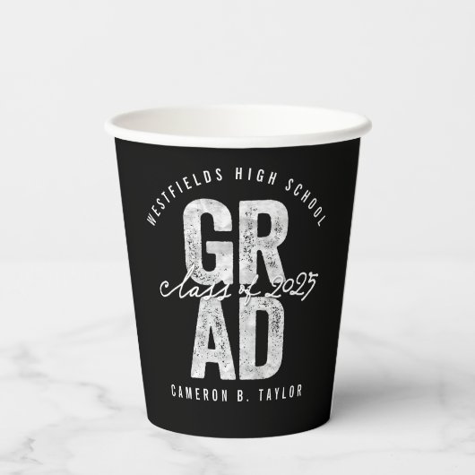 2025 Bold AFSTUDEERDER Silver Foil Modern Graduati Papieren Bekers (Achterkant)