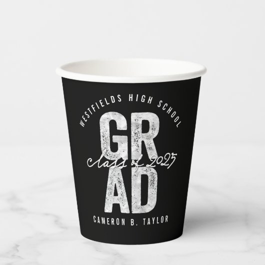 2025 Bold AFSTUDEERDER Silver Foil Modern Graduati Papieren Bekers (Voorkant)