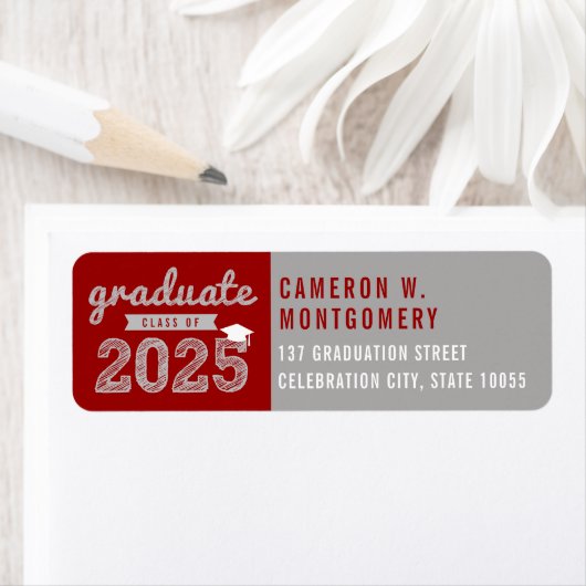2025 Bold Sketch Modern Rood Afstuderen Adres Etiket (Insitu)