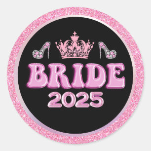 2025 Bruid Roze Kroon Retro Fun Script Zwart Ronde Sticker