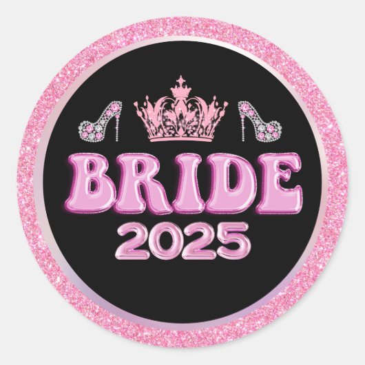 2025 Bruid Roze Kroon Retro Fun Script Zwart Ronde Sticker (Voorkant)