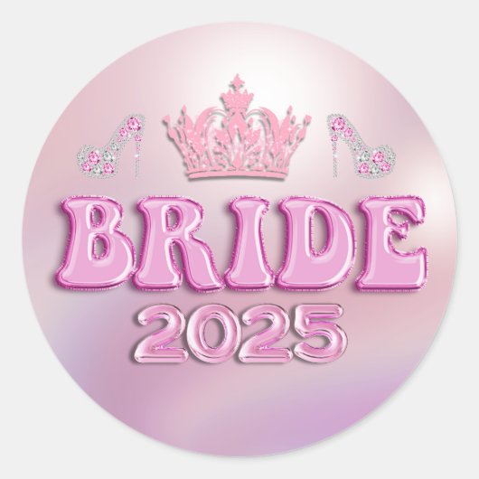 2025 bruid roze kroon retro leuk script metaal ronde sticker (Voorkant)