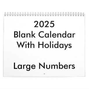 2025 Calendrier Blanc Avec Vacances Nombres Grands
